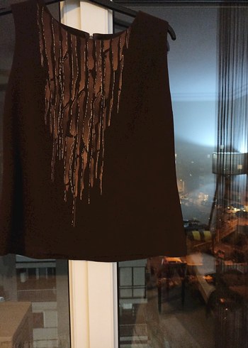 Drapeli Kolsuz Kahverengi Bluz - Görsel 3