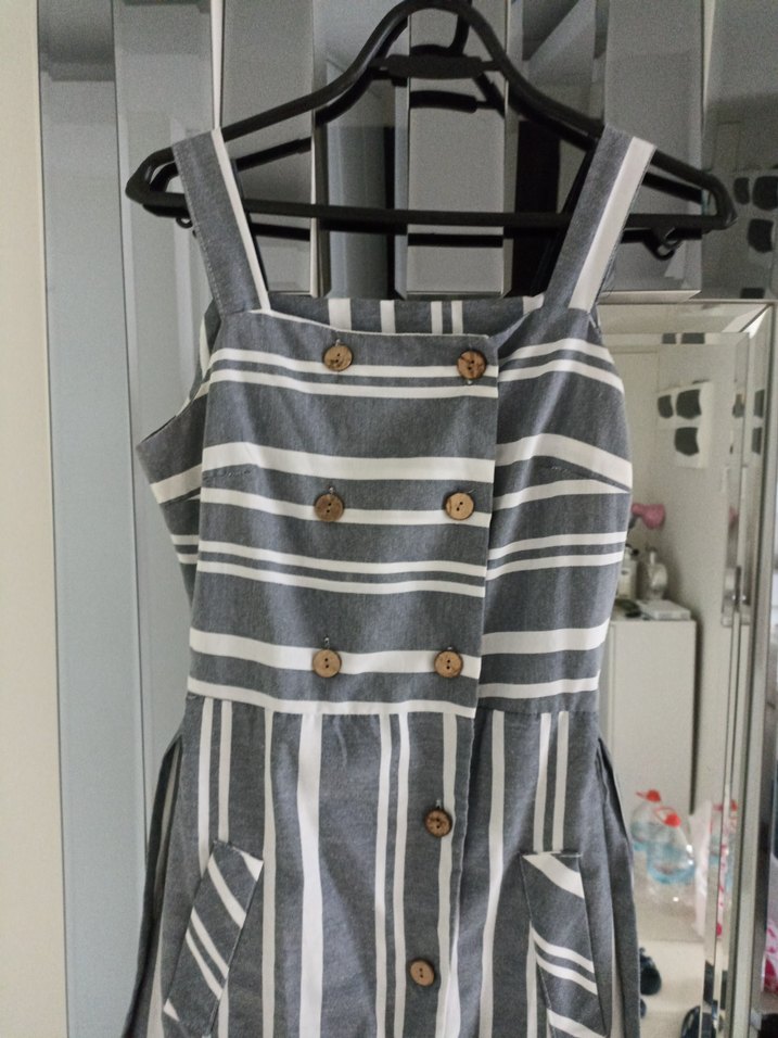 Gri Çizgili Uzun Askılı Kadın Elbise - Görsel 2