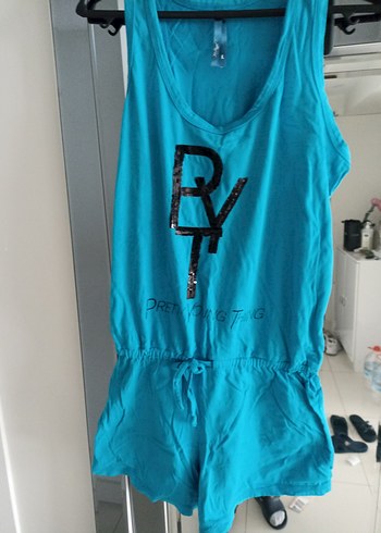 Kadın turkuaz kemerli Kısa Tulum - Görsel 2