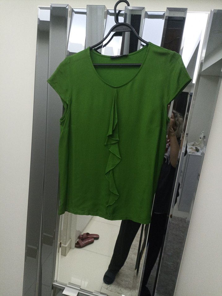 Yeşil Kadın Bluz, , Kısa Kollu, Fırfırlı - Görsel 3