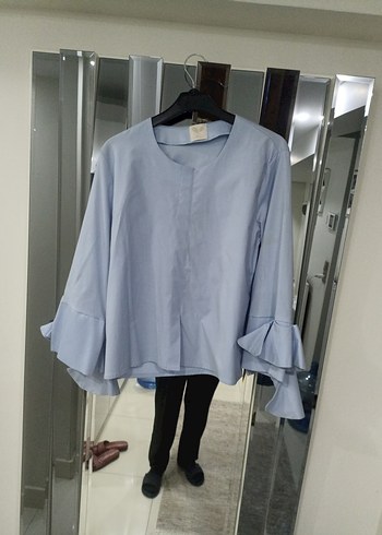 Mavi Salaş Uzun Kollu Fırfırlı Kadın Gömlek - Görsel 2