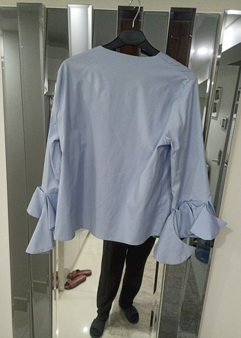 Mavi Salaş Uzun Kollu Fırfırlı Kadın Gömlek - Görsel 4