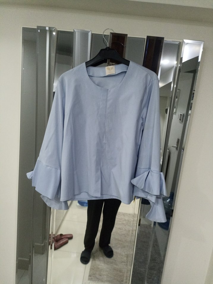 Mavi Salaş Uzun Kollu Fırfırlı Kadın Gömlek - Görsel 2