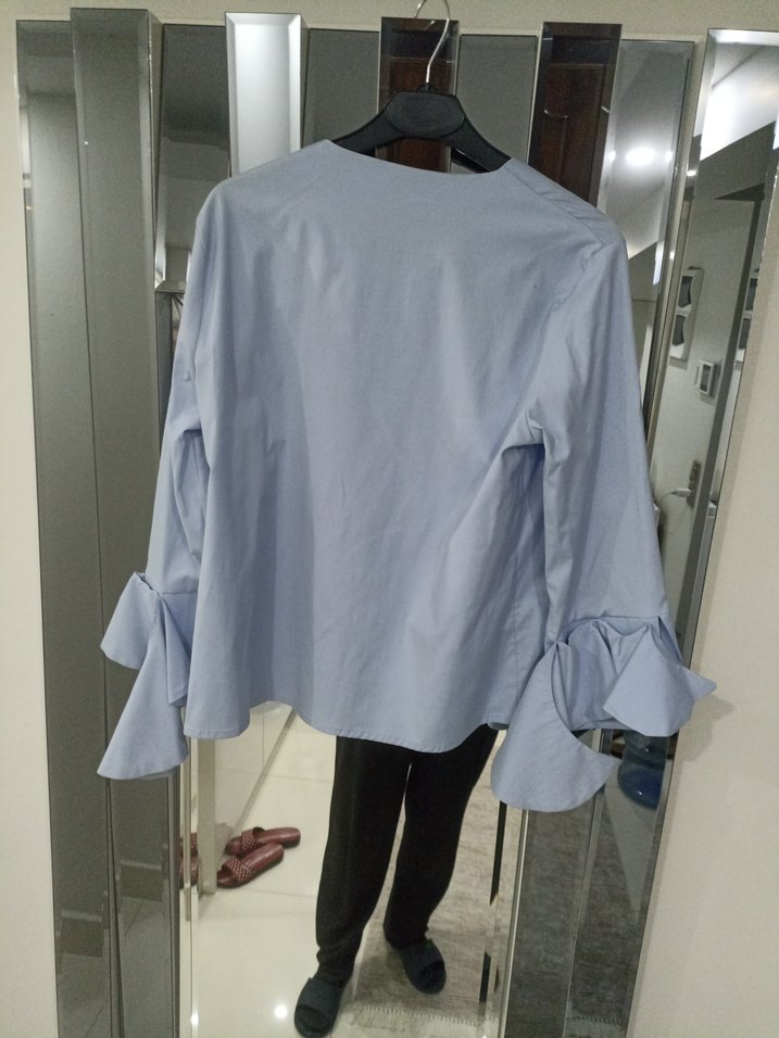 Mavi Salaş Uzun Kollu Fırfırlı Kadın Gömlek - Görsel 4