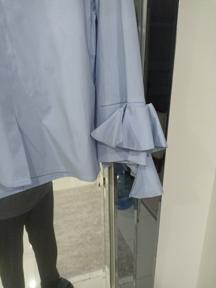 Mavi Salaş Uzun Kollu Fırfırlı Kadın Gömlek - Görsel 3