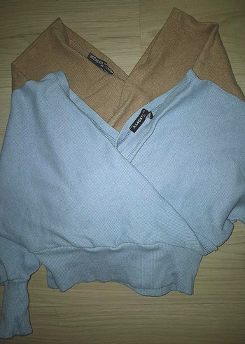 V Yaka Mavi Triko Kadın Bluz - Görsel 2