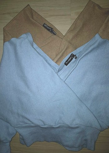 V Yaka Mavi Triko Kadın Bluz - Görsel 3