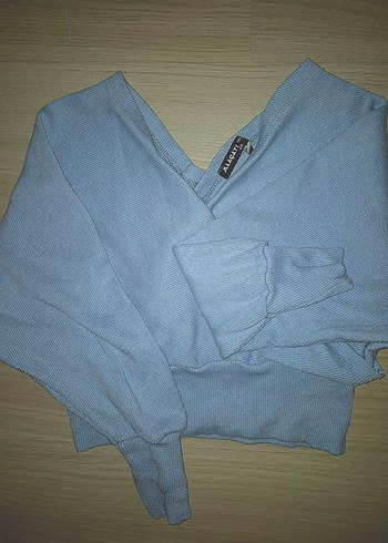 V Yaka Mavi Triko Kadın Bluz - Görsel 7