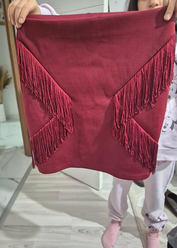 Püsküllü Nakışlı Kırmızı Mini Etek - Görsel 3