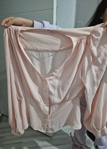 toz pembe V Yakalı Düğmeli Kadın gömlek - Görsel 2