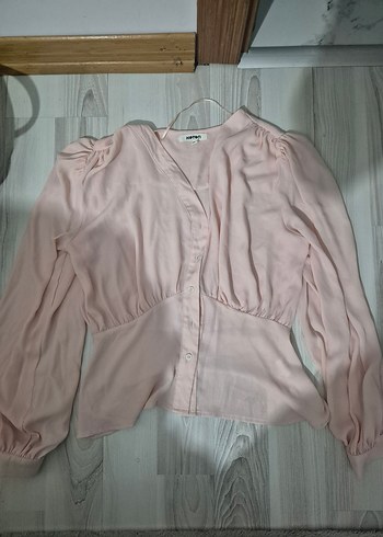 toz pembe V Yakalı Düğmeli Kadın gömlek - Görsel 3