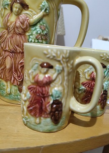 Pastel Sarı Rölyefli Seramik Sürahi ve Bardak Seti - Görsel 2