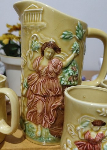 Pastel Sarı Rölyefli Seramik Sürahi ve Bardak Seti - Görsel 3