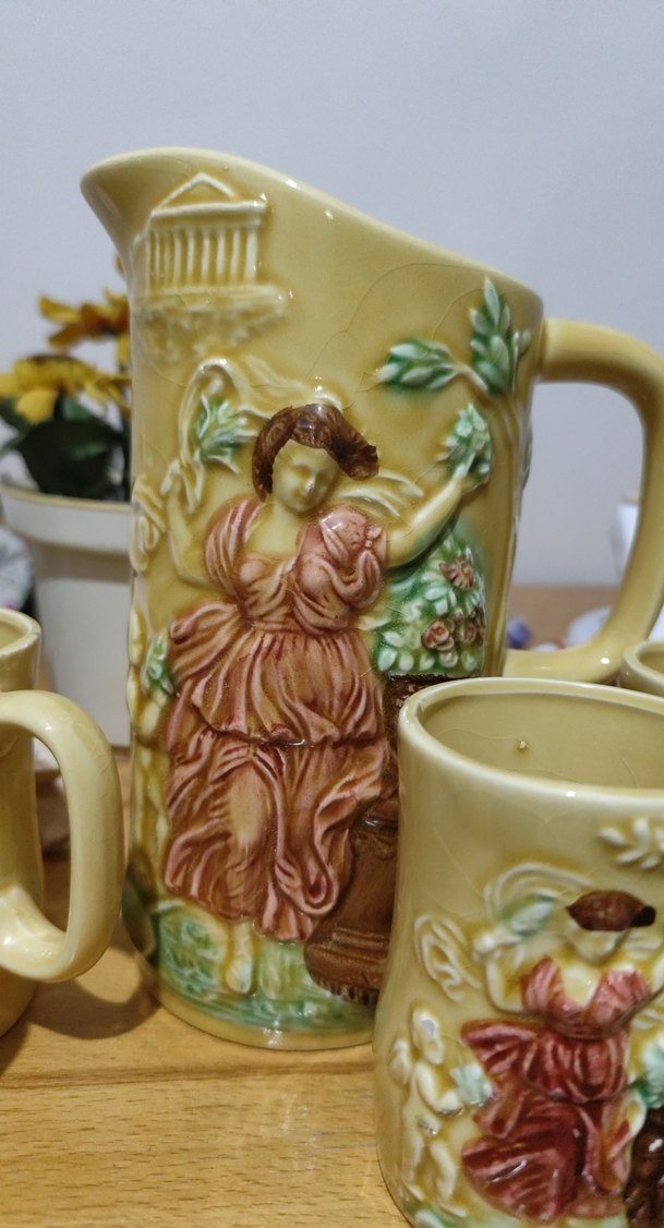 Pastel Sarı Rölyefli Seramik Sürahi ve Bardak Seti - Görsel 3