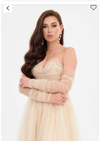 Bej Drapeli Uzun Straplez Kadın Abiye - Görsel 2