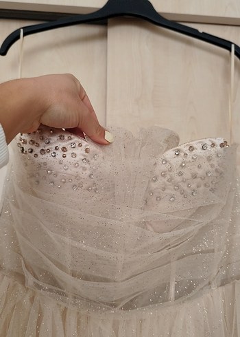 Bej Drapeli Uzun Straplez Kadın Abiye - Görsel 7