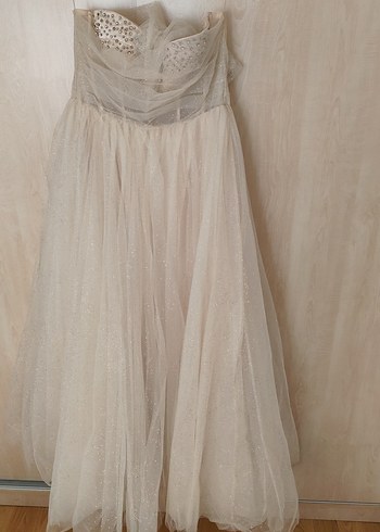 Bej Drapeli Uzun Straplez Kadın Abiye - Görsel 4