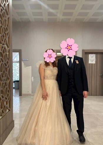 Bej Drapeli Uzun Straplez Kadın Abiye - Görsel 11