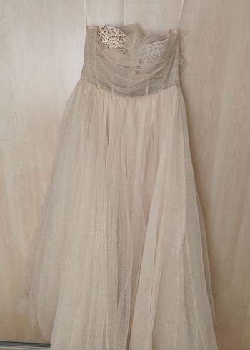 Bej Drapeli Uzun Straplez Kadın Abiye - Görsel 5