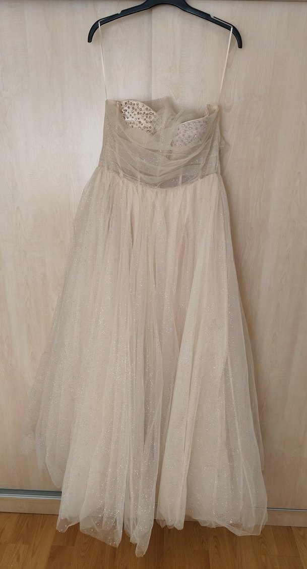 Bej Drapeli Uzun Straplez Kadın Abiye - Görsel 5