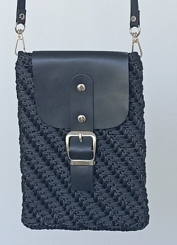 Handmade hasir canta siyah deri kapak telefon çantası 