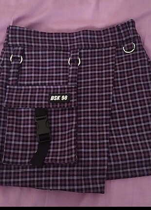 Bershka Cepli Mor Ekose Şort Etek