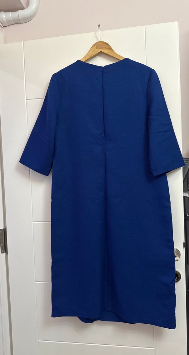 BÜYÜK BEDEN ELBİSE Lacivert Midi  Keten Elbise - Görsel 4