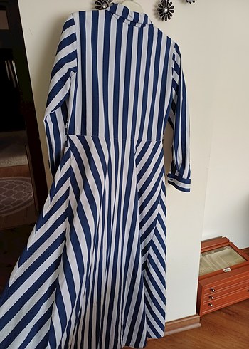 Mavi Çizgili Pamuklu Uzun Kollu Elbise - Görsel 5