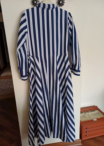 Mavi Çizgili Pamuklu Uzun Kollu Elbise - Görsel 6