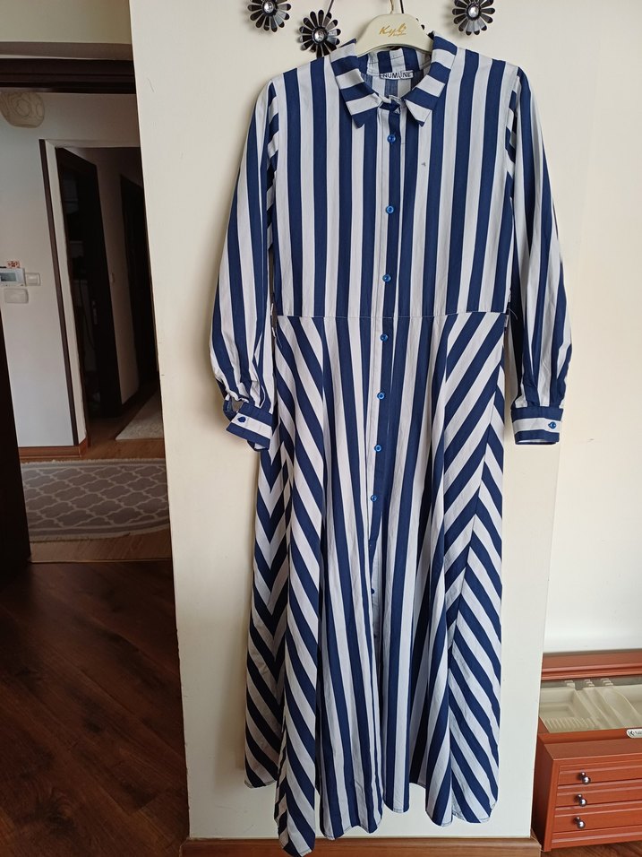 Mavi Çizgili Pamuklu Uzun Kollu Elbise - Görsel 2