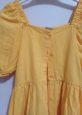 Düğmeli Sarı Midi Keten Elbise - Görsel 4