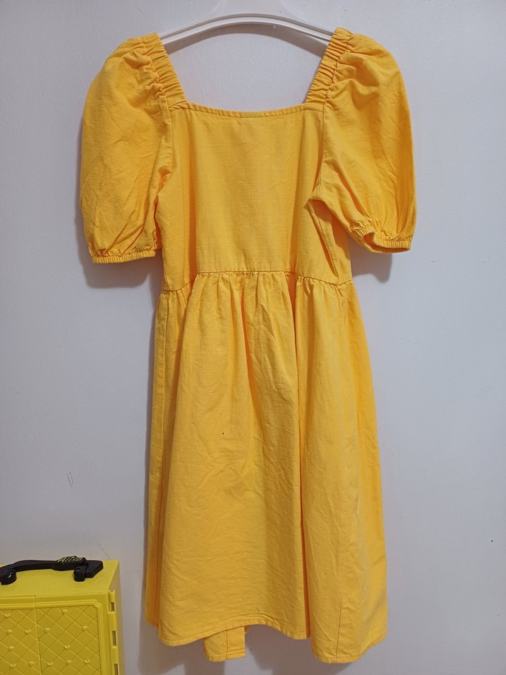 Düğmeli Sarı Midi Keten Elbise - Görsel 2