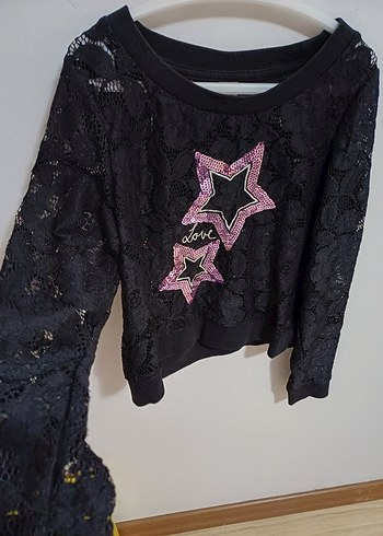 Dantel Detaylı Siyah Kız Sweatshirt - Görsel 2