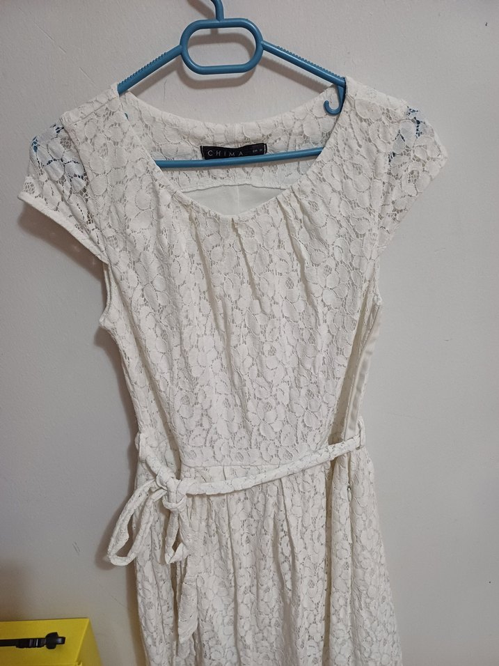 Dantel İşlemeli Beyaz Midi Elbise - Görsel 4