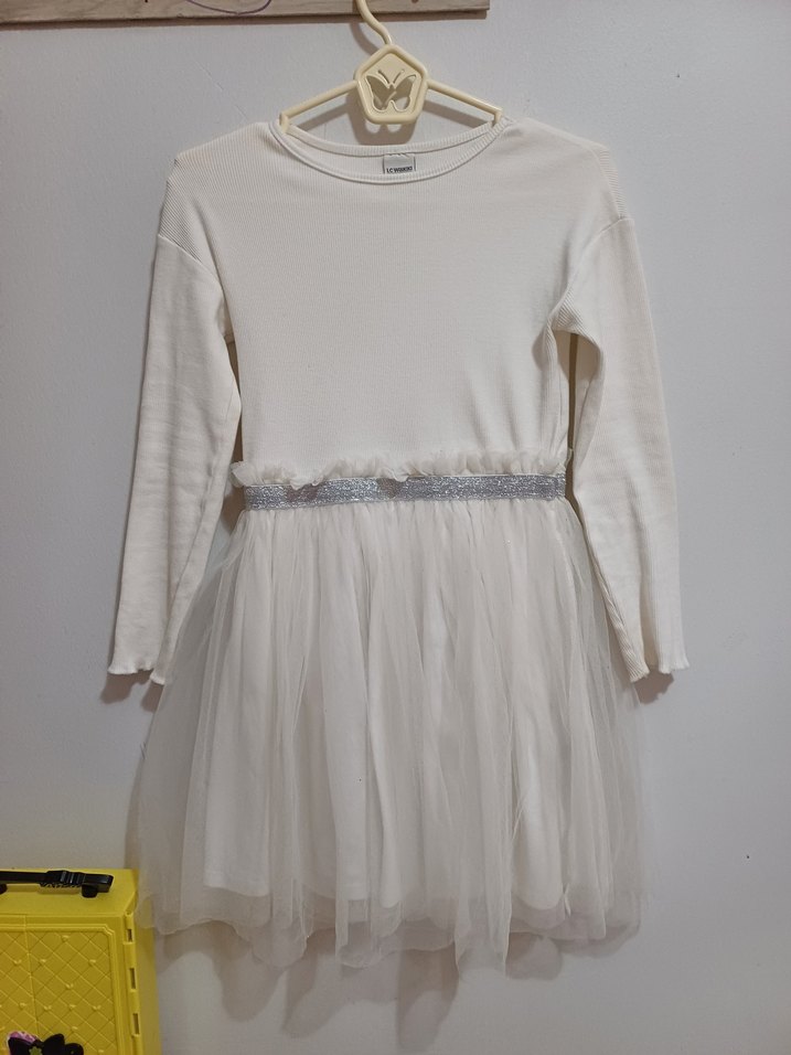 Kız Çocuk Beyaz Uzun Kollu Tül Elbise - Görsel 4