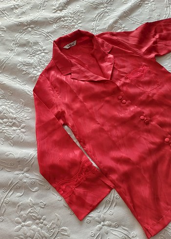 uzun Kollu Parlak Kırmızı Vintage Kadın Pijama Üstü - Görsel 2