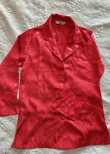 uzun Kollu Parlak Kırmızı Vintage Kadın Pijama Üstü - Görsel 4