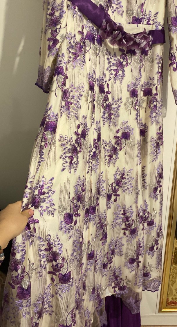 Mor Nakışlı Uzun Kadın Sabahlık - Görsel 5