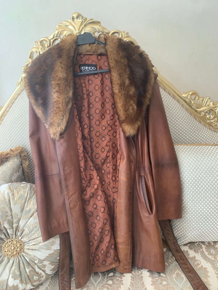 Kahverengi Kadın Deri Kürklü Uzun Ceket orjinal deri - Görsel 2