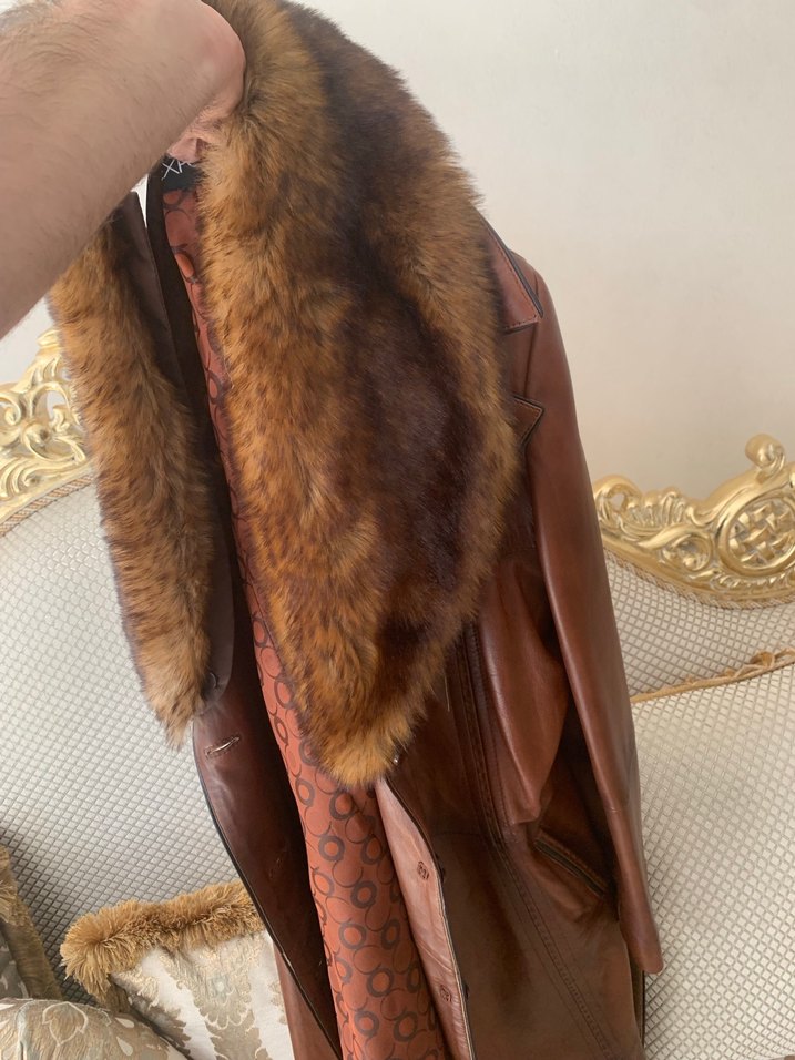Kahverengi Kadın Deri Kürklü Uzun Ceket orjinal deri - Görsel 5