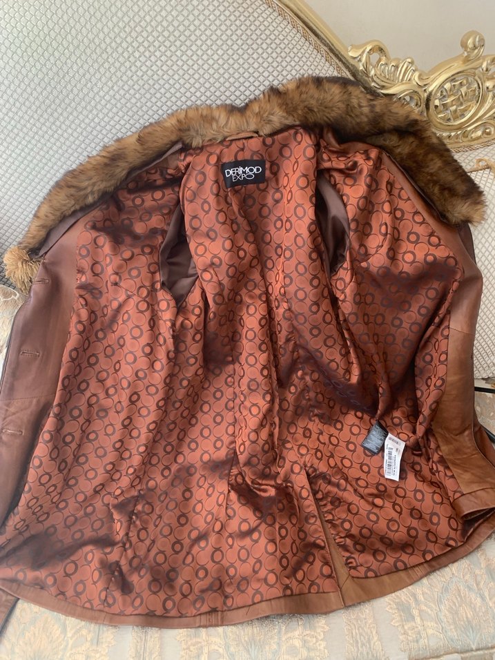 Kahverengi Kadın Deri Kürklü Uzun Ceket orjinal deri - Görsel 4
