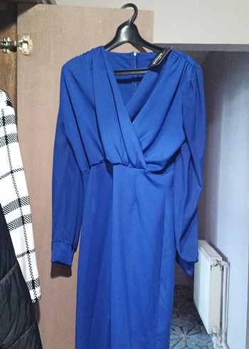 Klasik Mavi Uzun Kollu Drapeli Elbise - Görsel 2