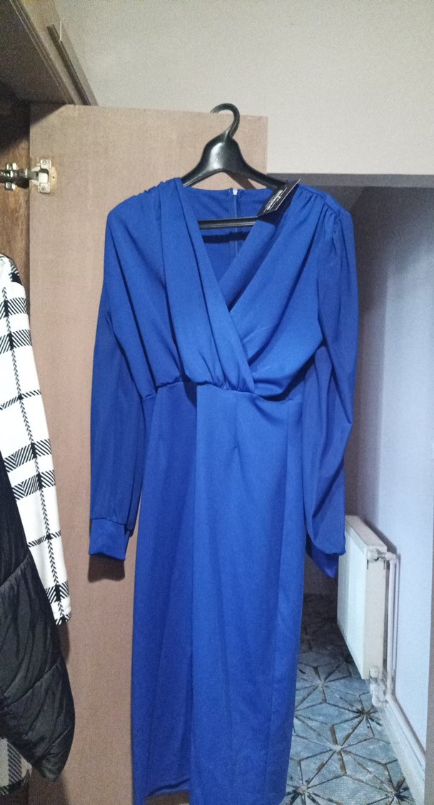 Klasik Mavi Uzun Kollu Drapeli Elbise - Görsel 2