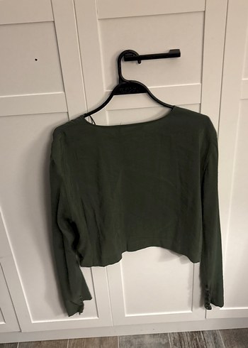 Kadın Haki Keten Mini V Yaka Bluz - Görsel 4