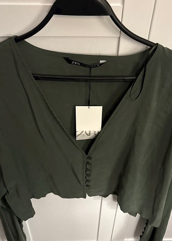 Kadın Haki Keten Mini V Yaka Bluz - Görsel 2