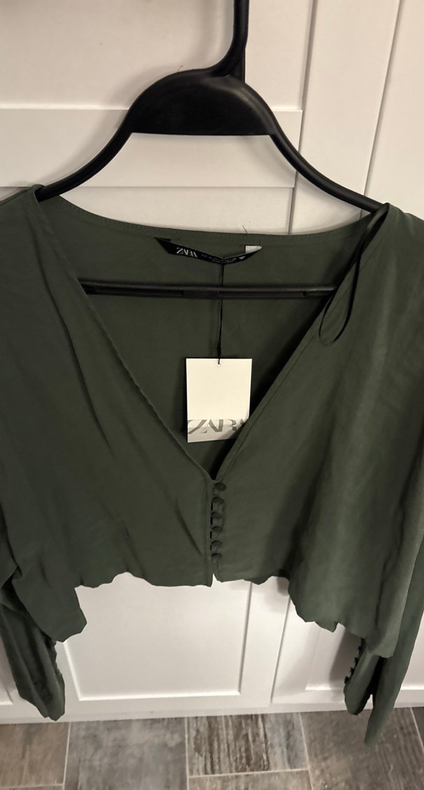 Kadın Haki Keten Mini V Yaka Bluz - Görsel 2