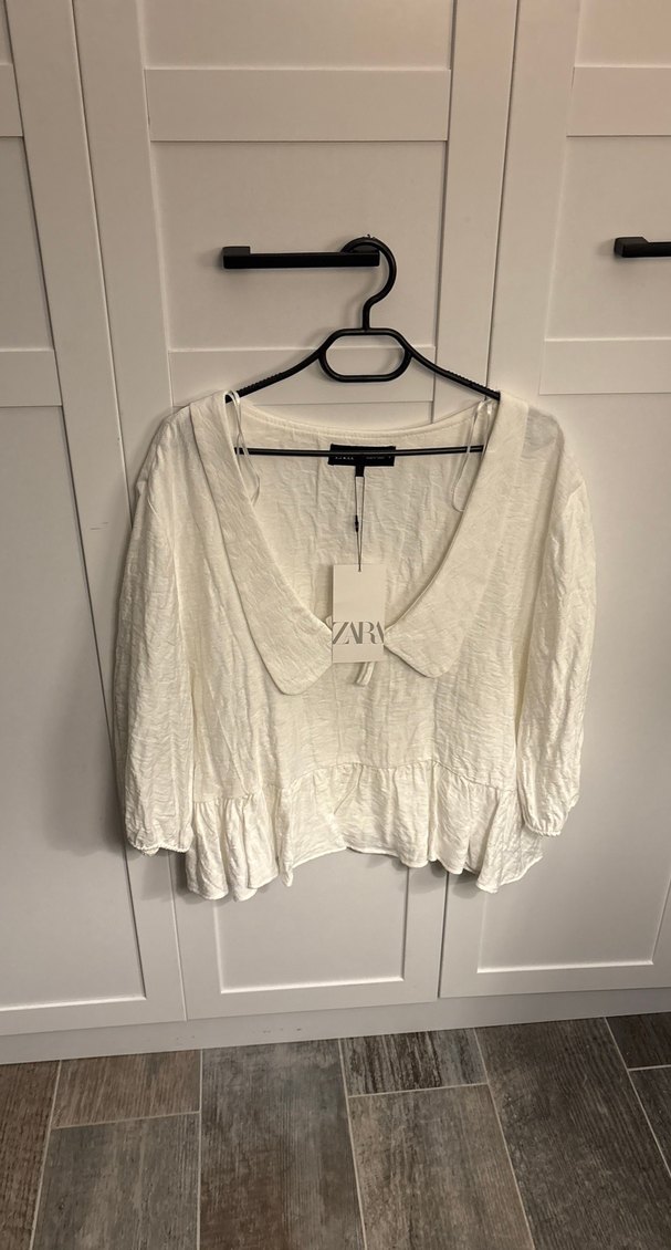 Beyaz Keten V Yaka Mini Bluz - Görsel 2