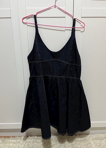 Siyah V Yakalı Denim Midi Elbise