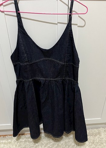 xl Beden Siyah V Yakalı Denim Midi Elbise