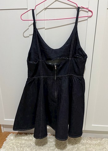 Zara Siyah V Yakalı Denim Midi Elbise